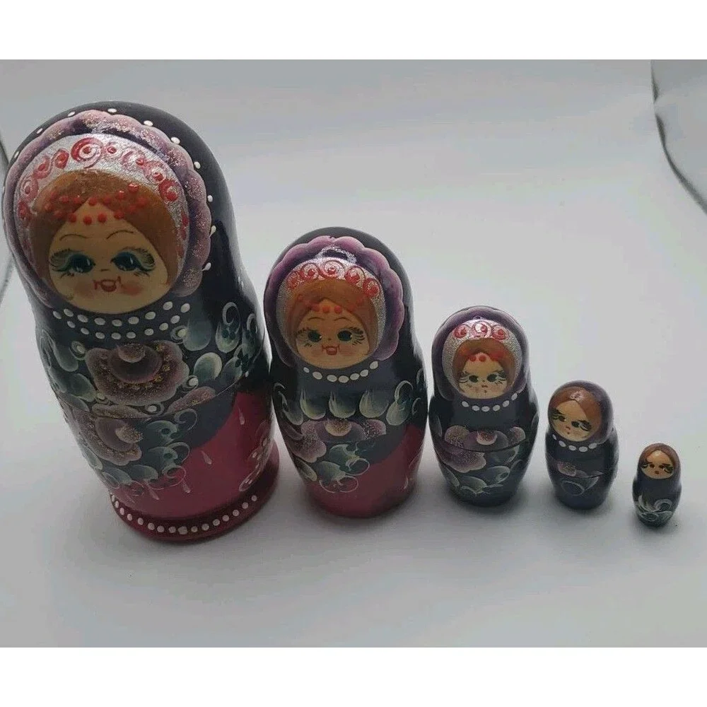Russian 5 piece Wooden Purple Nesting Dolls Hand Painted Red Flowers Blond Girl